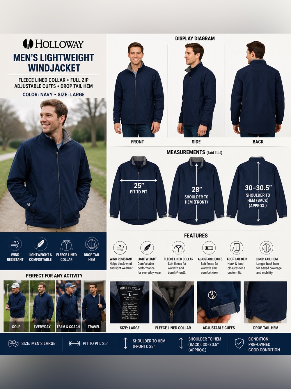 Holloway Men's Large Navy Full Zip Windbreaker Jacket Fleece Lined Lightweight